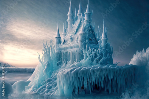 Fototapeta Magiczny lodowy zamek ze śniegiem. 