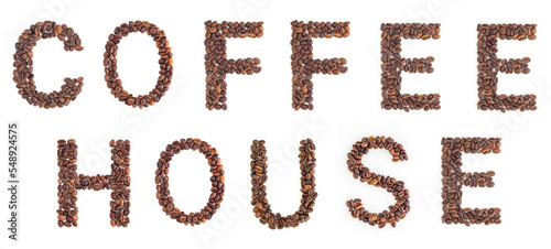 Coffee house headline from roasted coffee beans on white background. Coffee alphabet