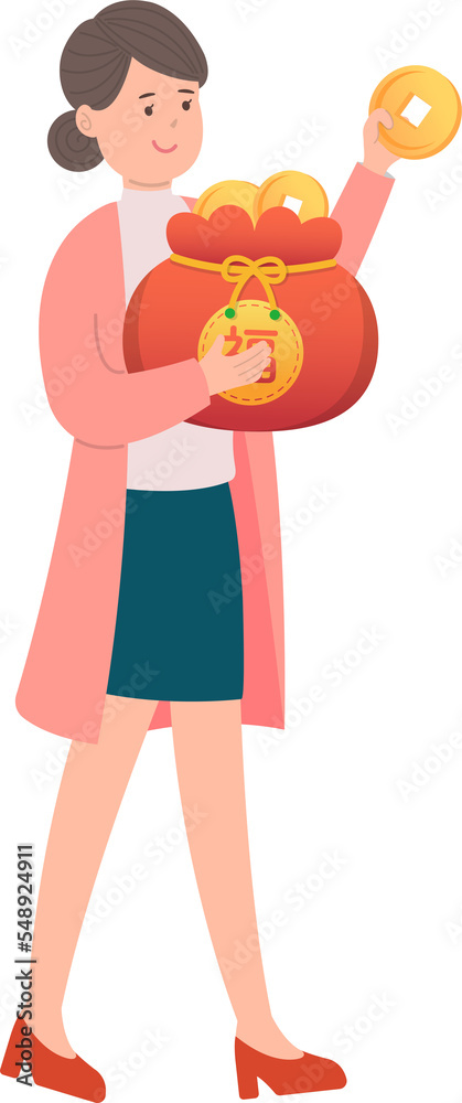 Women and Chinese New Year with coins and money, red festive attire, festival in Asia Women and Chinese New Year with coins and money, red festive attire, festival in Asia