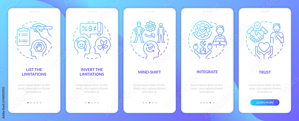Overcoming hidden barriers tips blue gradient onboarding mobile app screen. Walkthrough 5 steps graphic instructions with linear concepts. UI, UX, GUI template. Myriad Pro-Bold, Regular fonts used