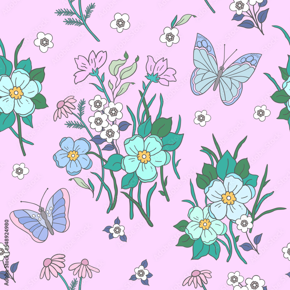 Fototapeta premium A gently pastel pattern of blooming summer flowers and butterflies. Background in small colorful flowers for textiles, fabrics, cotton fabric, covers, scrapbooking.
