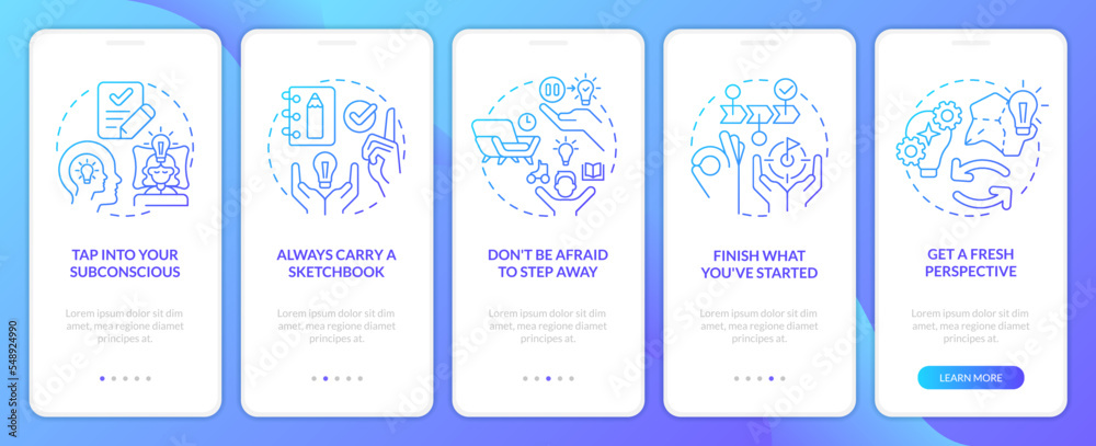 Ways to beat creative block blue gradient onboarding mobile app screen. Walkthrough 5 steps graphic instructions with linear concepts. UI, UX, GUI template. Myriad Pro-Bold, Regular fonts used