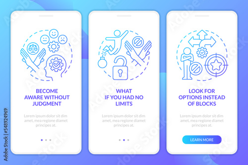 Break mindset limitations blue gradient onboarding mobile app screen. Walkthrough 3 steps graphic instructions with linear concepts. UI, UX, GUI template. Myriad Pro-Bold, Regular fonts used