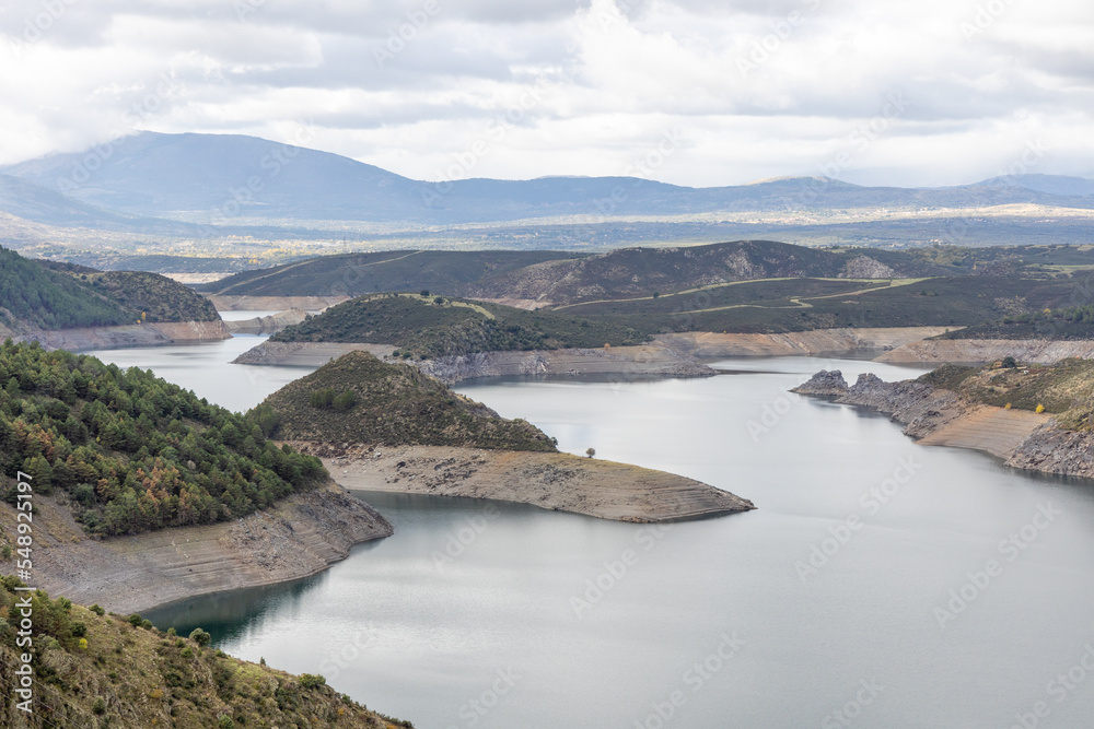 view of the reservoir called El Atazar in Madrid with very low water level due to drought and climate change
