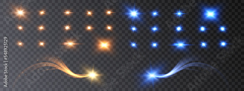 A set of bright golden stars with highlights and magical bright lines. vector png