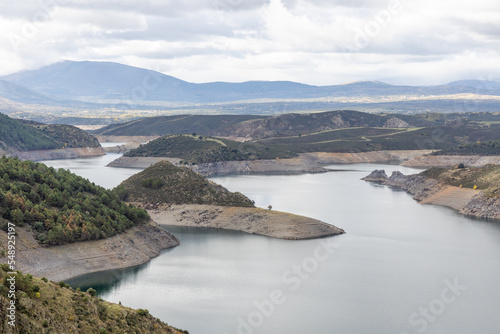 view of the reservoir called El Atazar in Madrid with very low water level due to drought and climate change