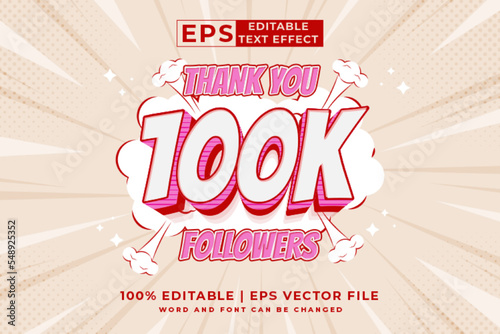 Editable text effect 100k followers 3d Cartoon Comic style premium vector
