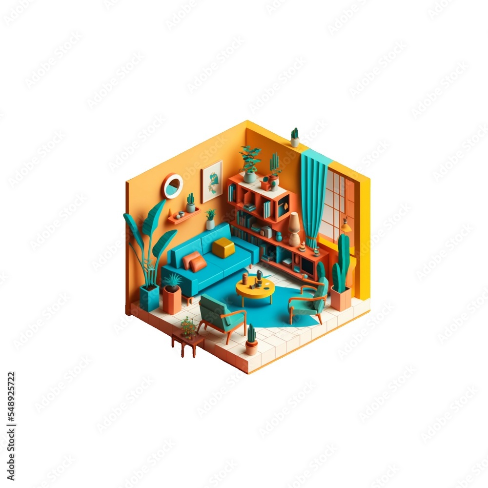 Interior illustration isometric low poly living room cute design. Room includes sofa, table, windows, frame and other furniture