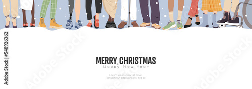 Merry Christmas and Happy New Year modern banner. Different people stand together.