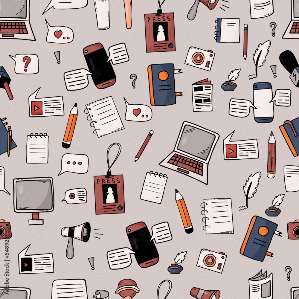 Seamless pattern profession journalism. Working items of journalist, microphone, press badge, notepads, camera, stationery, laptop, phone and online messages on gray background. Vector illustration.