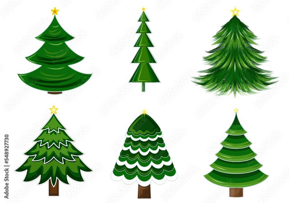 Set of green Christmas tree with yellow star.  Clipart JPEG  illustration for stickers, creating patterns, wallpaper, 
wrapping paper, for  postcards, design template, fabric, clothing.