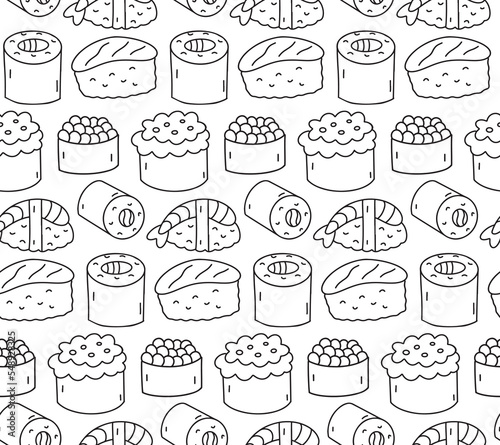 Seamless pattern background with sushi hand drawn doodles. Contour drawing, outline different asian food sushi rolls Simple line vector illustration backdrop, print, wallpaper