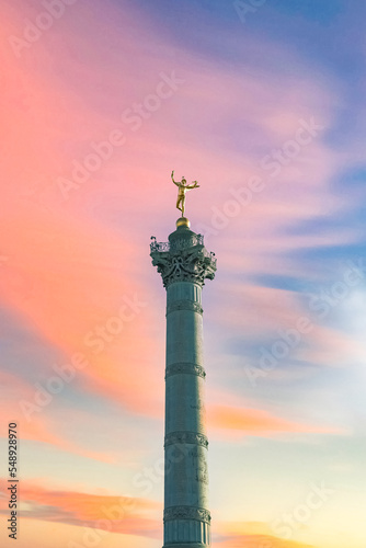      Paris  place de la Bastille  column with statue of the golden angel  sunset 