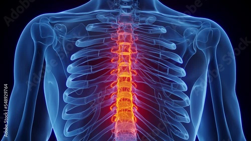 3D rendered Medical Animation of a man's inflamed thoracic spine up close. photo