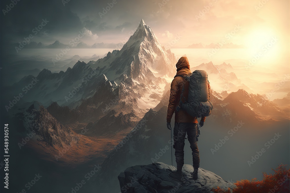 Illustration about climber looking at distant mountains. Made by AI.
