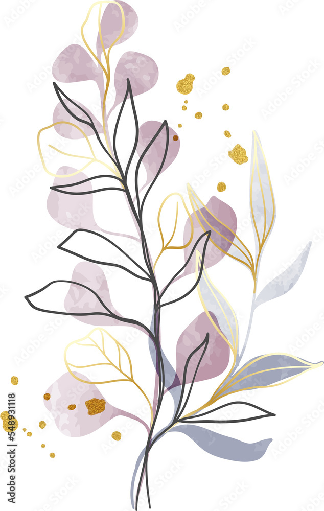 Watercolor leaf branch gold line art