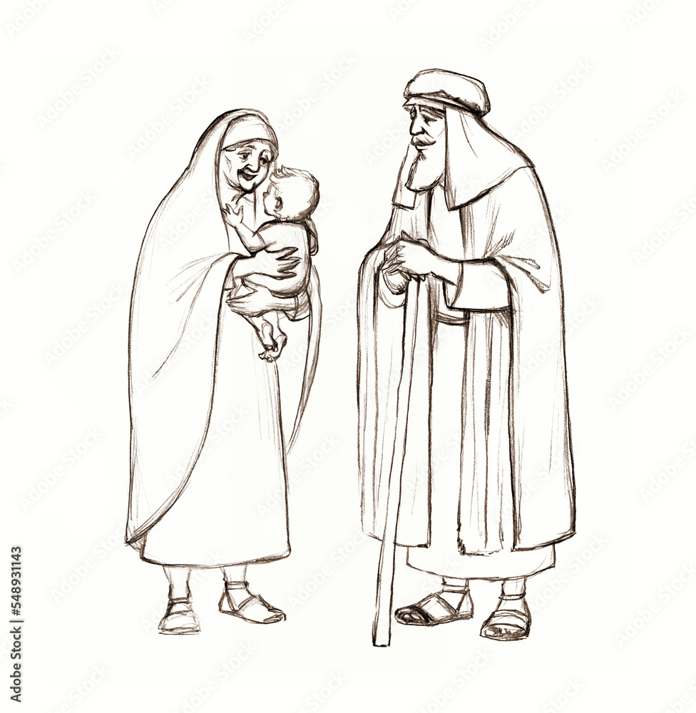 Fototapeta premium Pencil drawing. Sarah holding her son