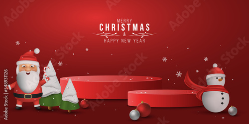 Christmas cartoon podium for display your products. Emotional Santa and snowman with decorative snowy fir tree. New Year 3d scene design. Holiday mockup. Vector