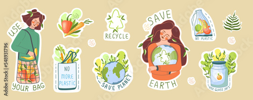 Ecological sticker pack. Environment protection, sustainability concept. Slogans: no more plastic, save planet, use your bag. Reuse. Recycle. Vector illustration.