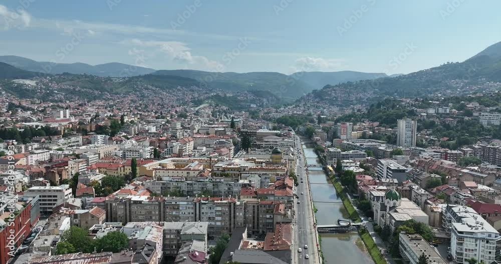Sarajevo city, Bosnia and Herzegovina capital cityscape drone aerial footage at foggy and sunny day Sarajevo city, Bosnia and Herzegovina capital cityscape drone aerial footage at foggy and sunny day