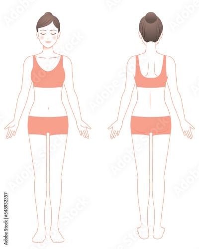 女性の全身図 正面と背面 オレンジ線画 イラスト 脱毛/エステ/ダイエット