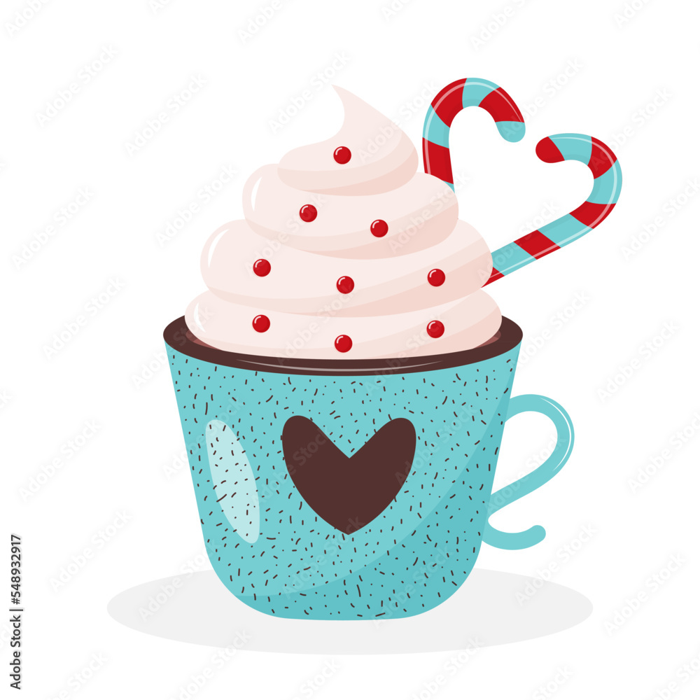 Christmas coffee mug with heart ornament, whipped cream and candy canes in the shape of heart. Cute hot drink isolated on white background. Christmas coffee mug with heart ornament, whipped cream and candy canes in the shape of heart. Cute hot drink isolated on white background.