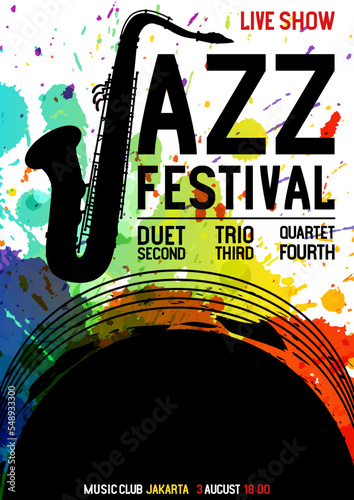 Jazz festival poster with saxophone, music media banner with the words jazz festival. Vector illustration digital design.
