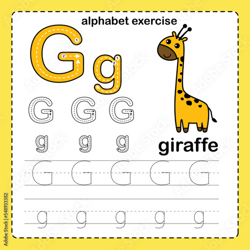 Alphabet Letter  G - Giraffe exercise with cartoon vocabulary illustration, vector