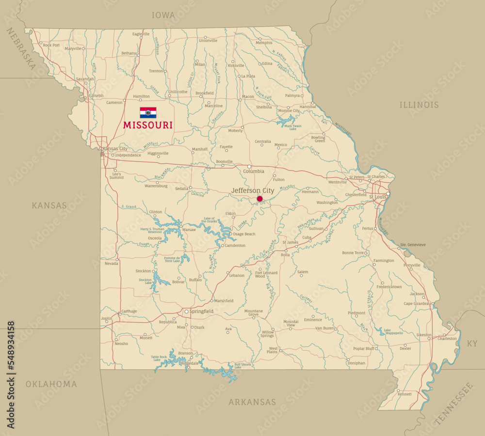 Road map of Missouri, US American federal state. Editable highly detailed transportation map of