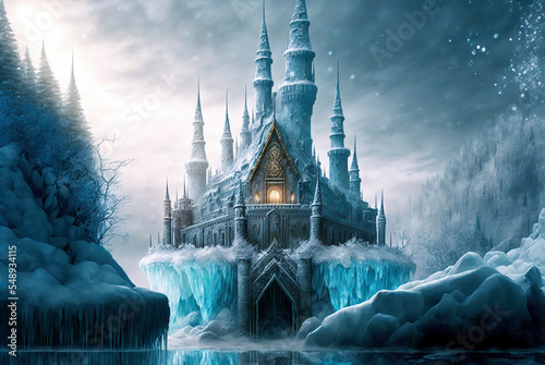 Magic Ice Castle with snow. Digital art. 3D illustration  