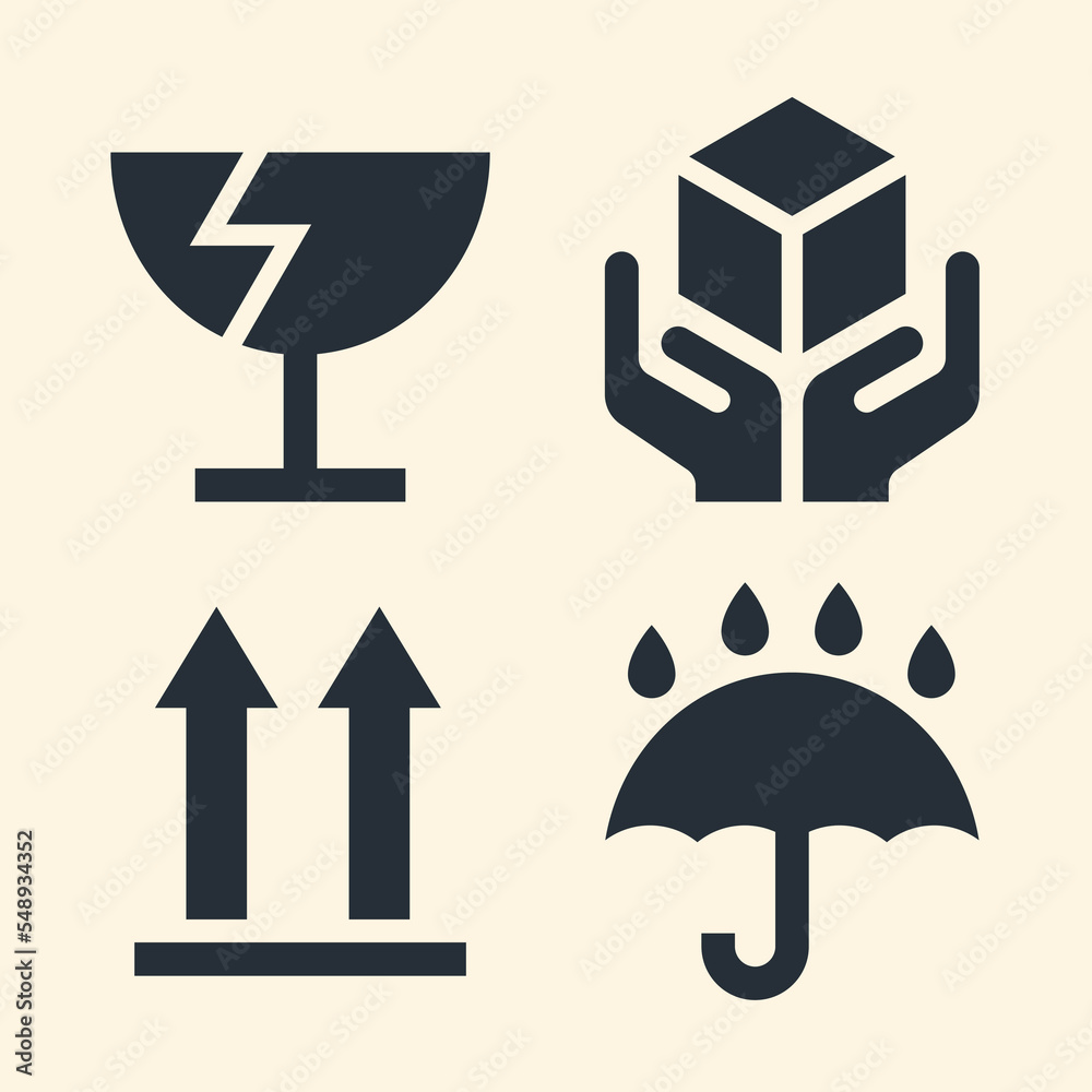 Fragile. Handle with care. Keep away from water. This side up. Packaging symbols. Vector icon set. Fragile. Handle with care. Keep away from water. This side up. Packaging symbols. Vector icon set.