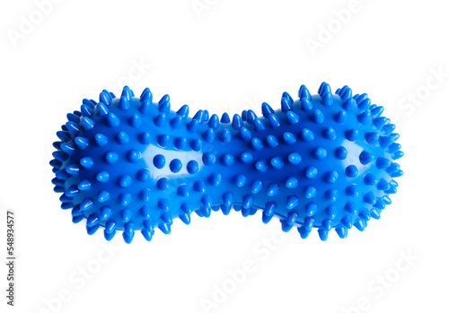 Blue double or peanut spikey ball massager for yoga pilates or stretching and fascia pain. Sports equipment for fitness isolated on a white background. Concept of sports massage.