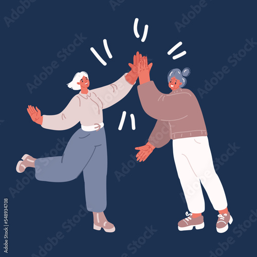 Cartoon vector illustration of Happy woman giving high five each other. Friends greeting or supporting each other. Informal hi gesture. Concept of friendship, partnership and success.