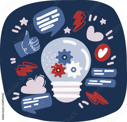 Cartoon vector illustration of Light bulb and cog inside.