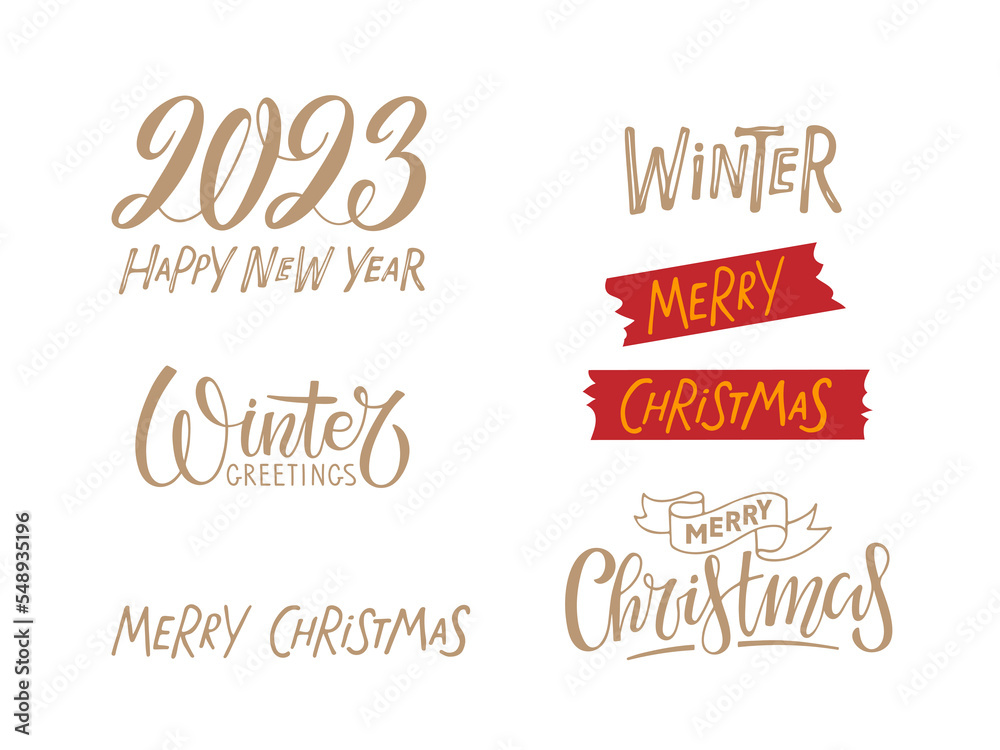 Obraz premium New Year and Merry Christmas texts. Typography set. Holiday templates. Vector calligraphy inscriptions. design for invitation, card, sticker, banner