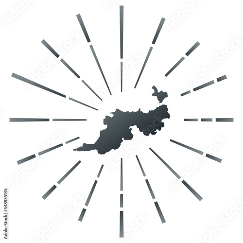 Guana Island gradiented sunburst. Map of the island with colorful star rays. Guana Island illustration in digital, technology, internet, network style. Vector illustration.