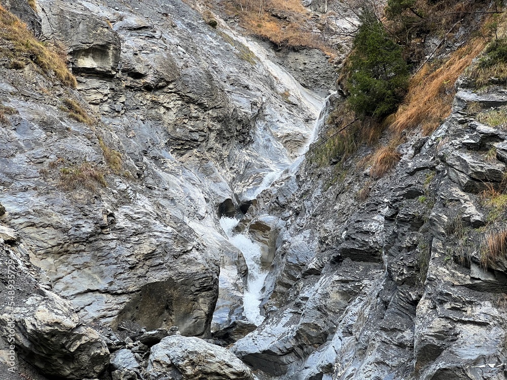 Waterfalls on alpine stream Tellerbach in the Calfeisental valley and in the UNESCO World Heritage Tectonic Arena Sardona (UNESCO-Welterbe Tektonikarena Sardona), Vättis - Switzerland (Schweiz) Waterfalls on alpine stream Tellerbach in the Calfeisental valley and in the UNESCO World Heritage Tectonic Arena Sardona (UNESCO-Welterbe Tektonikarena Sardona), Vättis - Switzerland (Schweiz)