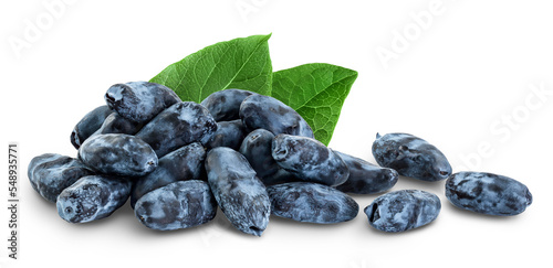 Fresh honeysuckle blue berry isolated on white background with full depth of field photo