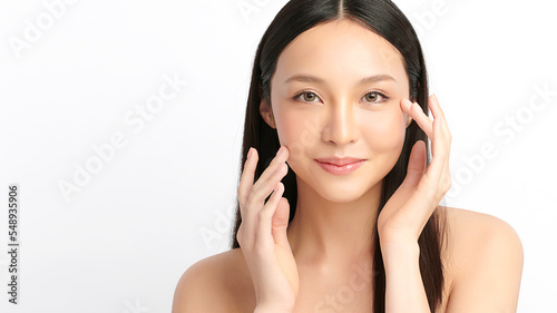 Beautiful young asian woman with clean fresh skin on white background, Face care, Facial treatment, Cosmetology, beauty and spa, Asian women portrait.