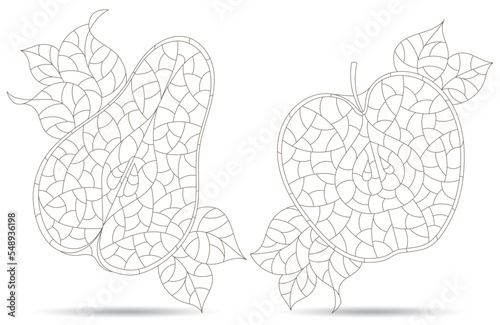 A set of contour illustrations in the style of stained glass with apple and pear slices, dark contours on a white background