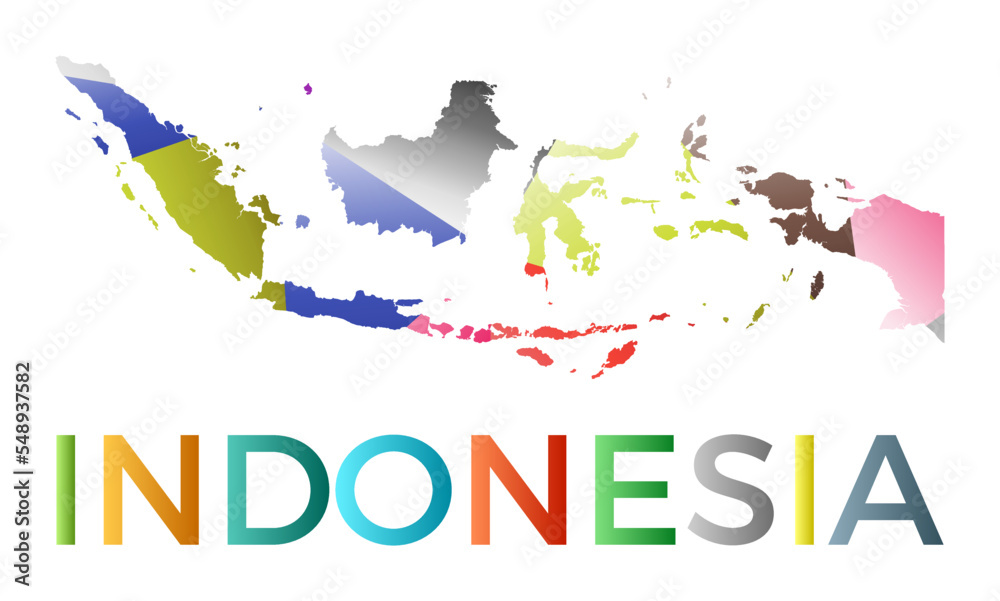 Obraz premium Bright colored Indonesia shape. Multicolor geometric style country logo. Modern trendy design. Cool vector illustration.