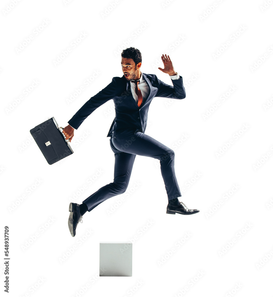 Jumping businessman with a briefcase isolated on a transparent background