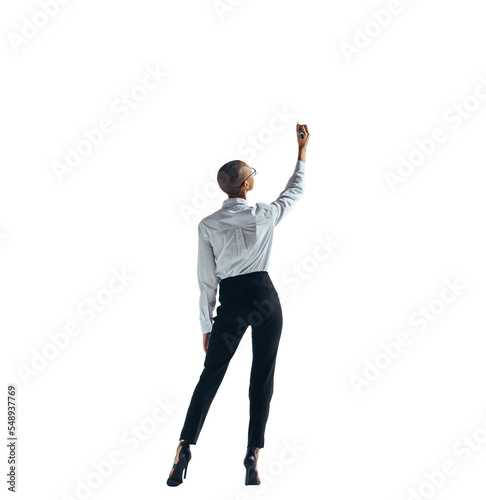 Goal-driven business woman writing on a transparent background
