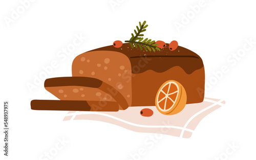 Christmas bread loaf. Seet festive dessert. Traditional Xmas bakery with fruits, berries, chocolate. Baked food, fruitcake for winter holiday. Flat vector illustration isolated on white background