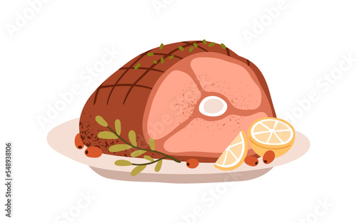 Roasted meat, glazed ham with bone. Festive grilled pork garnished with lemon, berries. Holiday meal, cooked food served on plate for Christmas. Flat vector illustration isolated on white background