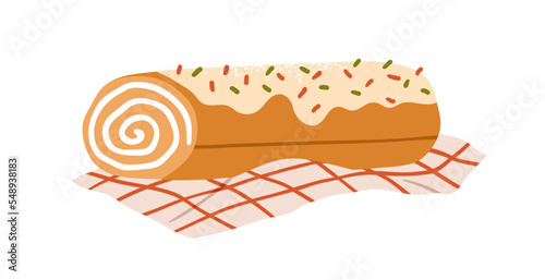 Swiss roll cake. Swirled spiral vanilla dessert. Sweet pastry with cream, fro...