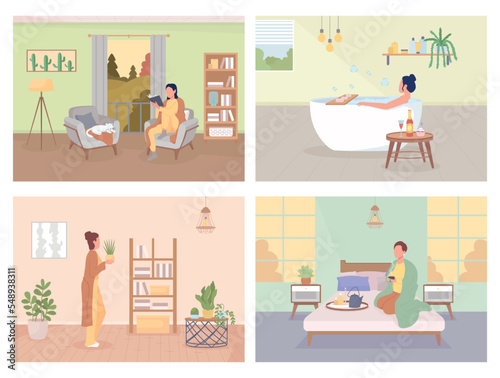 Hygge lifestyle flat color vector illustrations set. Recreation and relax at home. Cozy domestic atmosphere. Fully editable 2D simple cartoon characters collection with home interior on background