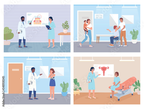 Medical service for patients flat color vector illustrations set. Doctor appointment. Fully editable 2D simple cartoon characters collection with hospital office on background. Bebas Neue font used