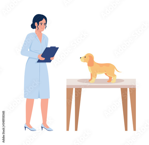Veterinarian doctor examining puppy semi flat color vector character. Editable figure. Full body person on white. Medicine simple cartoon style illustration for web graphic design and animation