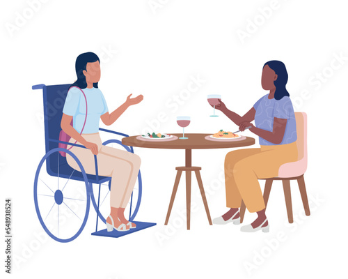 Disabled lady with friend in cafe semi flat color vector characters. Editable figures. Full body people on white. Inclusion simple cartoon style illustration for web graphic design and animation